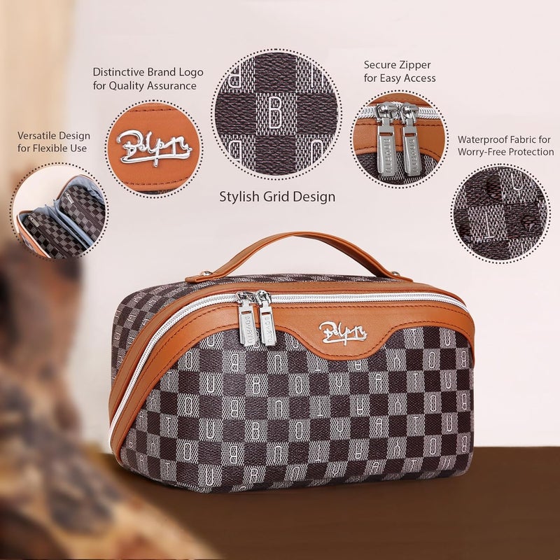 BOYATU Travel Makeup Bag Organizer Cosmetic Bag: 3 Pcs Set Make up Bags for Women with Handle - Waterproof Vegan Leather Toiletry Bags Travel Essentials Pouch with Compartments (H-01-Brown) - Image 4